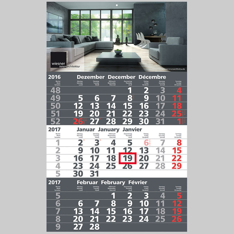 3-Monats-Wandkalender mit 1-farbigem-Offsetdruck 2026 anthrazit
