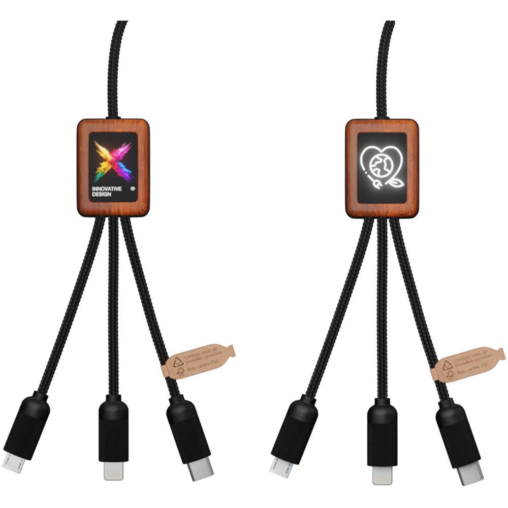 Câble de charge 5-en-1 SCX.design C38 en rPET avec logo lumineux et boîtier carré en bois de 40 W Noir, Bois