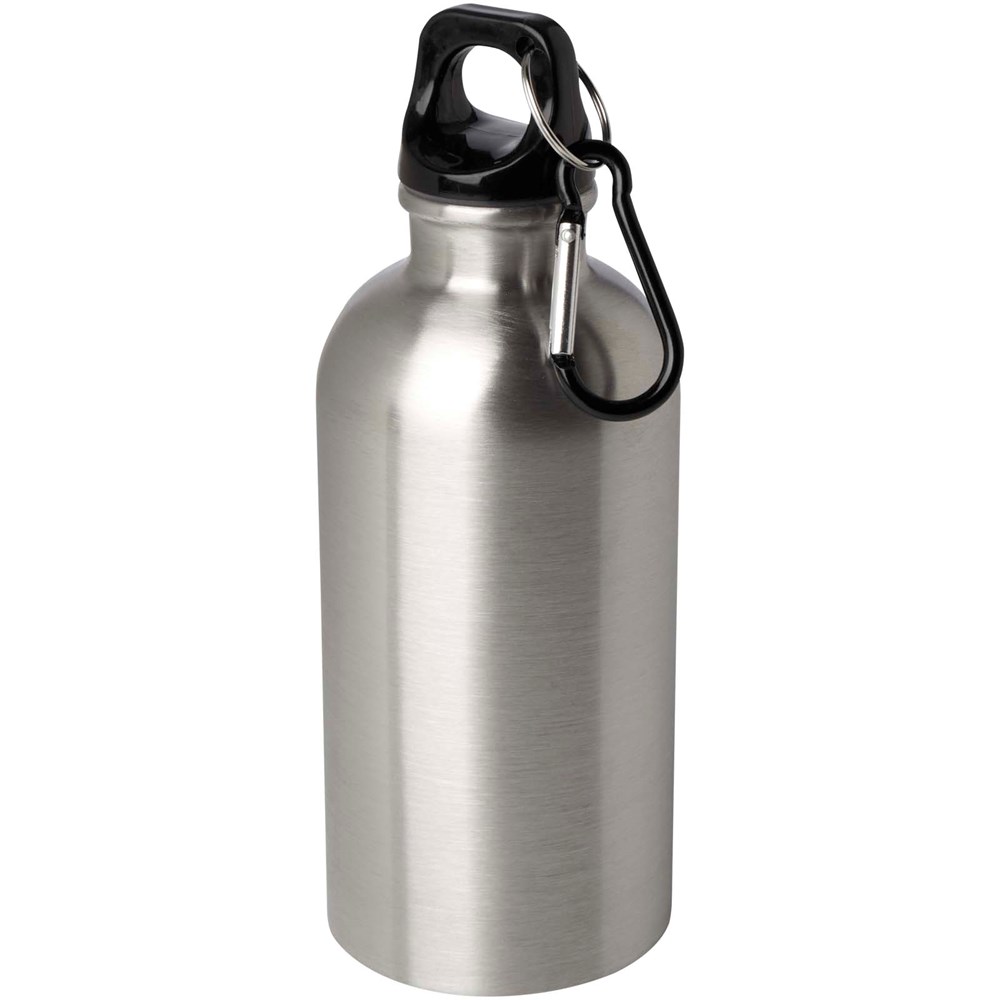 Bouteille d'eau Oregon de 400 ml simple paroi en acier recyclé certifié RCS avec mousqueton Argent