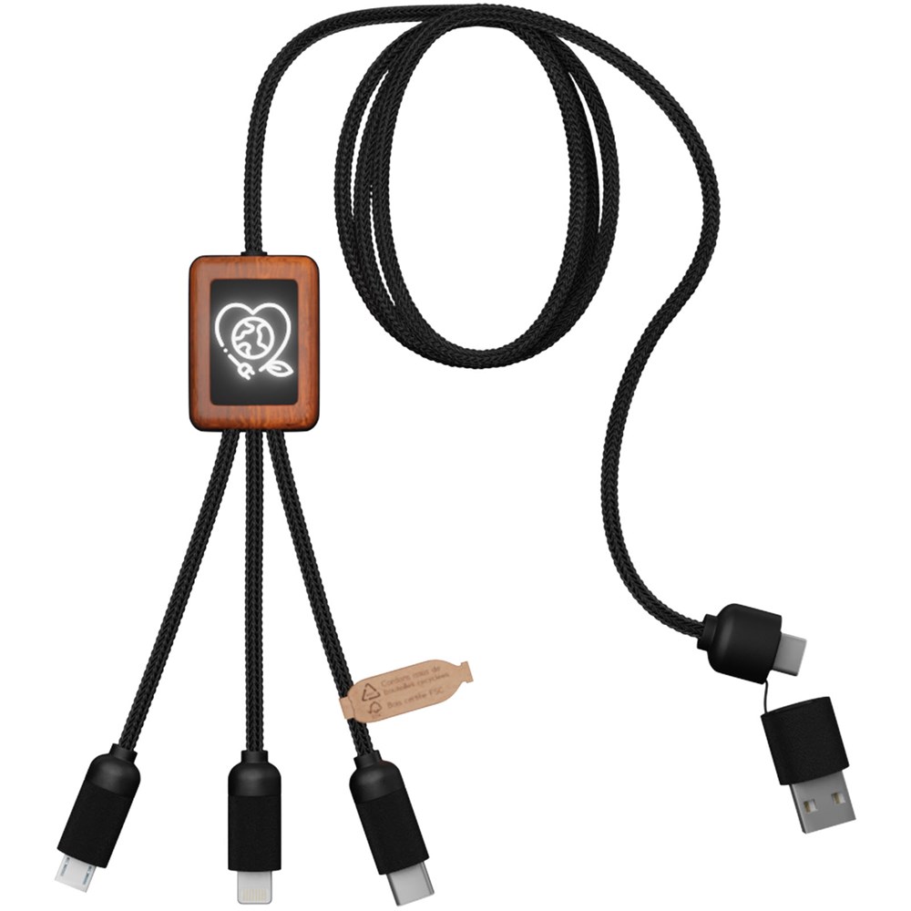 SCX.design C38 40W 5-in-1 Ladekabel aus rPET in quadratischem Bambusgehäuse mit Leuchtlogo Noir, Bois