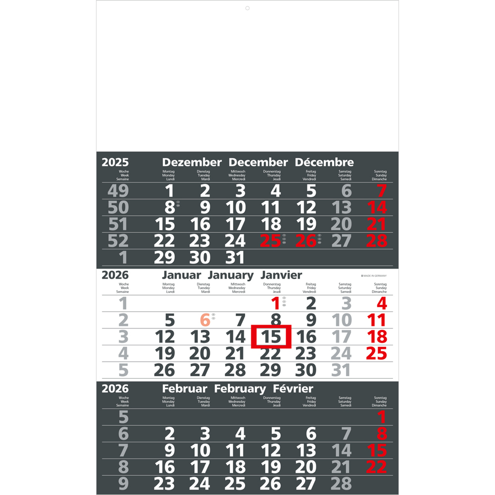 3-Monats-Wandkalender mit 1-farbigem-Offsetdruck 2026 anthrazit