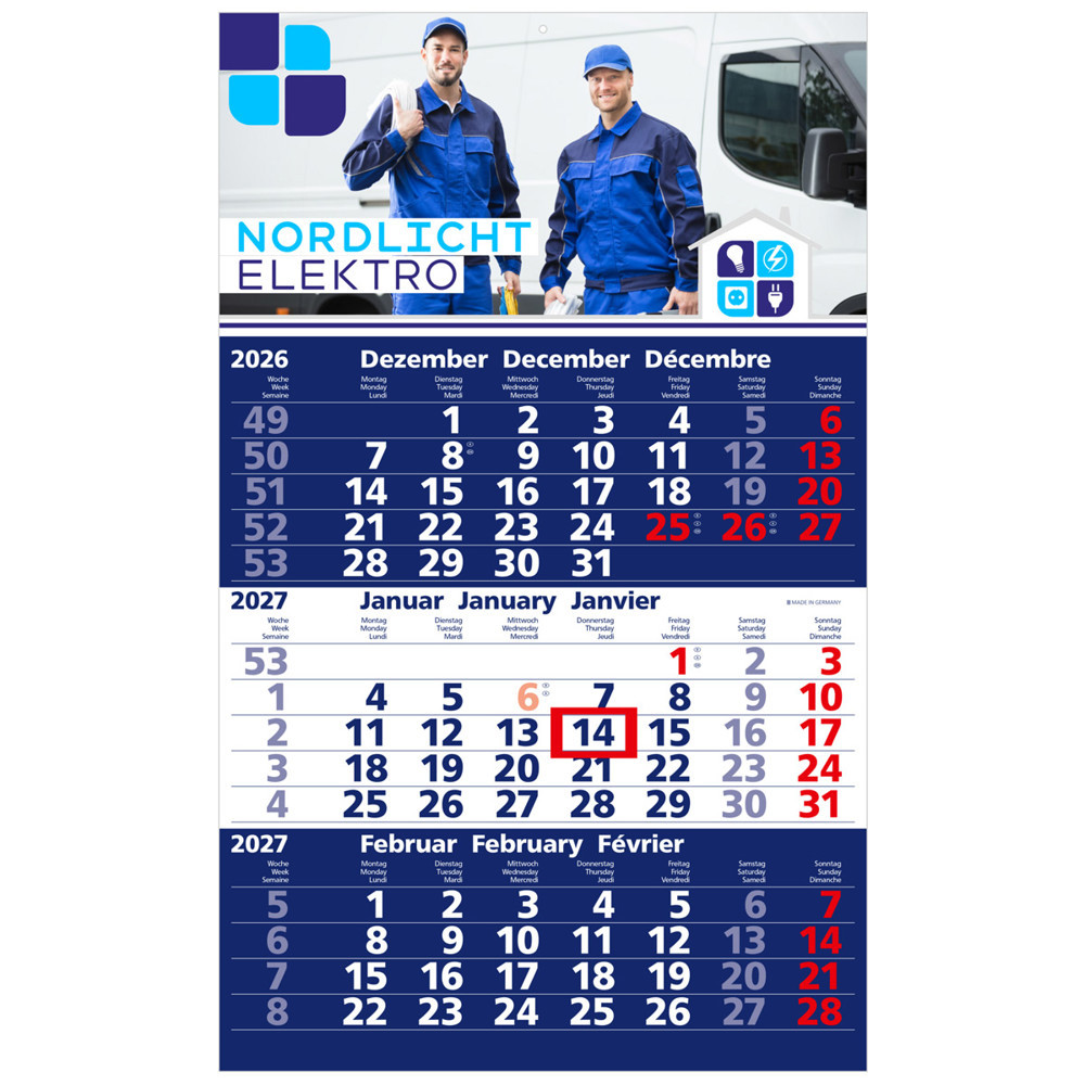 3-Monats-Wandkalender mit 4-farbigem-Offsetdruck 2027