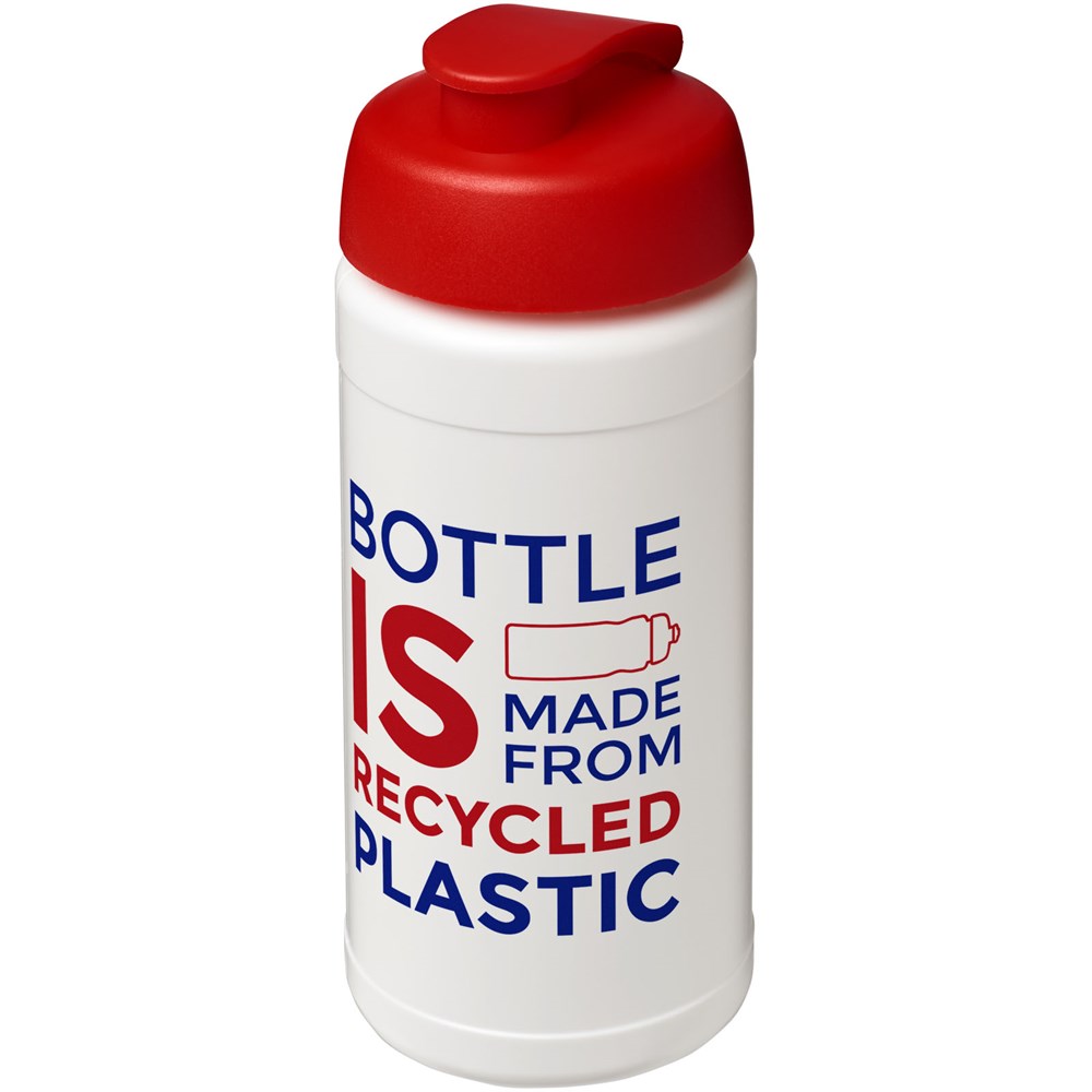 Baseline 500 ml recycelte Sportflasche mit Klappdeckel weiss, rot