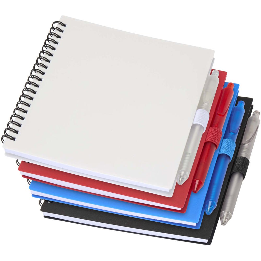 Niove Softcover Notizbuch aus recyceltem Kunststoff mit Kugelschreiber (blaue Mine) weiss
