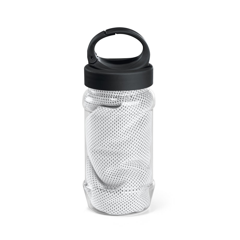 ARTX PLUS Sporthandtuch aus Polyamid und Polyester mit Flasche (440 mL) aus PP und PET und einem integrierten Karabinerhaken am Deckel weiss