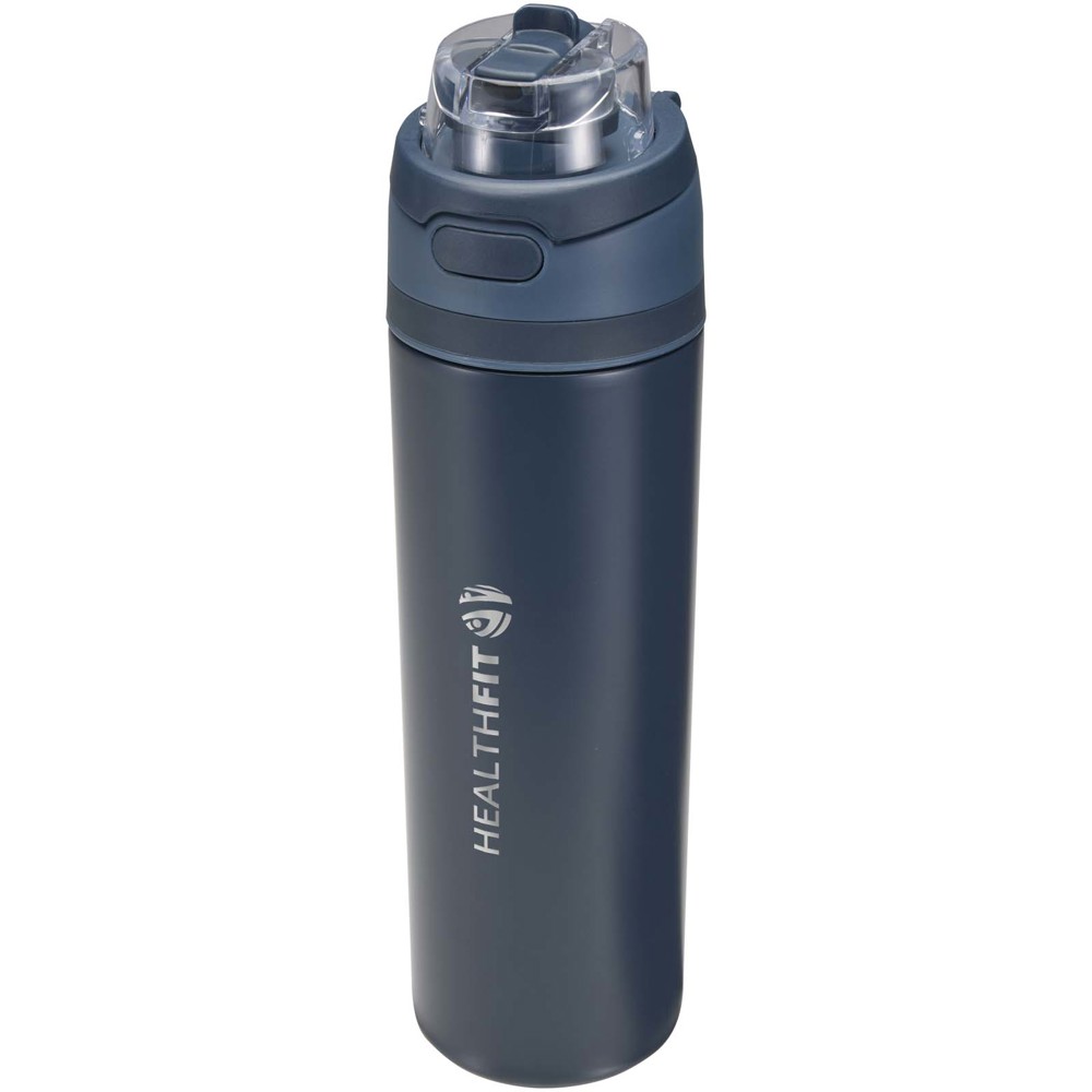 Bouteille d'eau Theron 800 ml en acier inoxydable à simple paroi recyclé RCS, avec bouchon à double fonction et paille rabatt Marine
