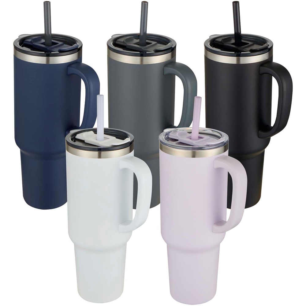 Sydney 1200 ml doppelwandiger RCS-zertifizierter Kupfer-Vakuum Isolierbecher mit Strohhalm schwarz