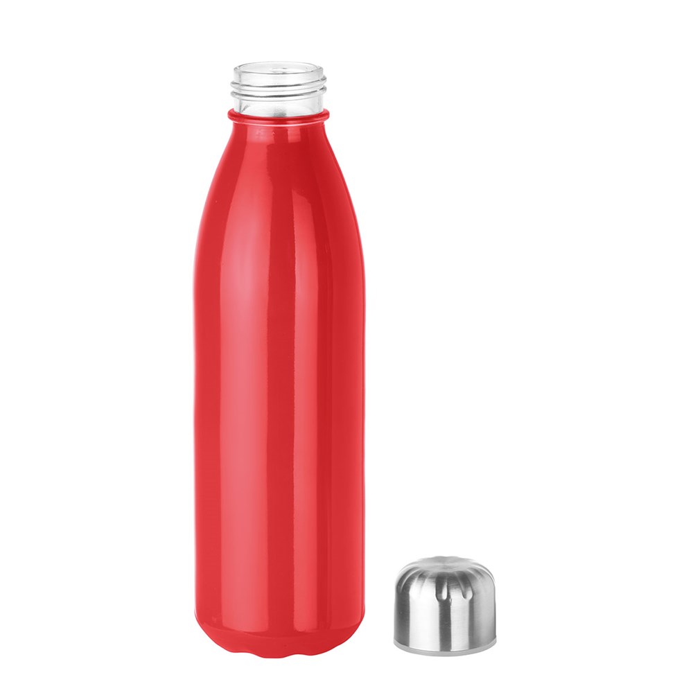 Hochwertige Trinkflasche aus Glas mit einem Schraubverschluss aus Edelstahl.Personalisiert mit Ihrem Logo wird sie zu einem wirkungsvollen Werbegeschenk. rot
