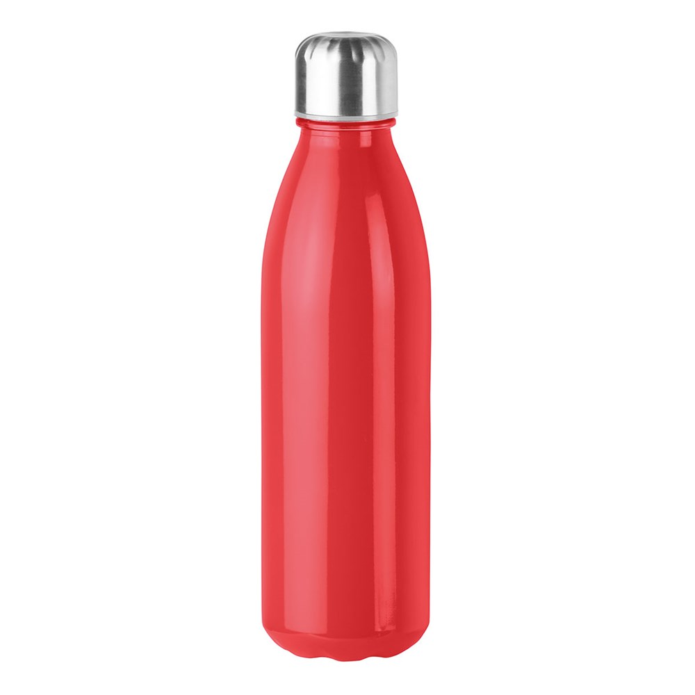 Hochwertige Trinkflasche aus Glas mit einem Schraubverschluss aus Edelstahl.Personalisiert mit Ihrem Logo wird sie zu einem wirkungsvollen Werbegeschenk. rot
