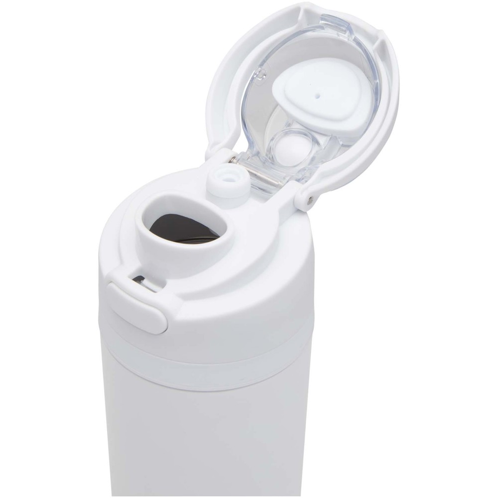 Bouteille d'eau Theron 800 ml en acier inoxydable à simple paroi recyclé RCS, avec bouchon à double fonction et paille rabatt Blanc